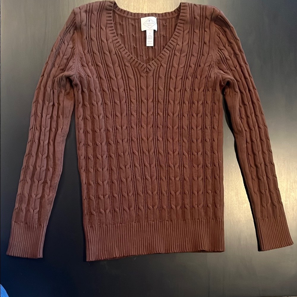 St. John's Bay Brown V-Neck Sweater Cable Knit